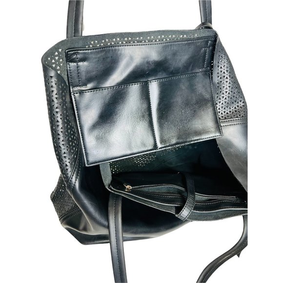 Vince Camuto Leila Perforated Leather Shopper Tote Bag Black 18.5” x 12.5” EUC - Picture 8 of 12